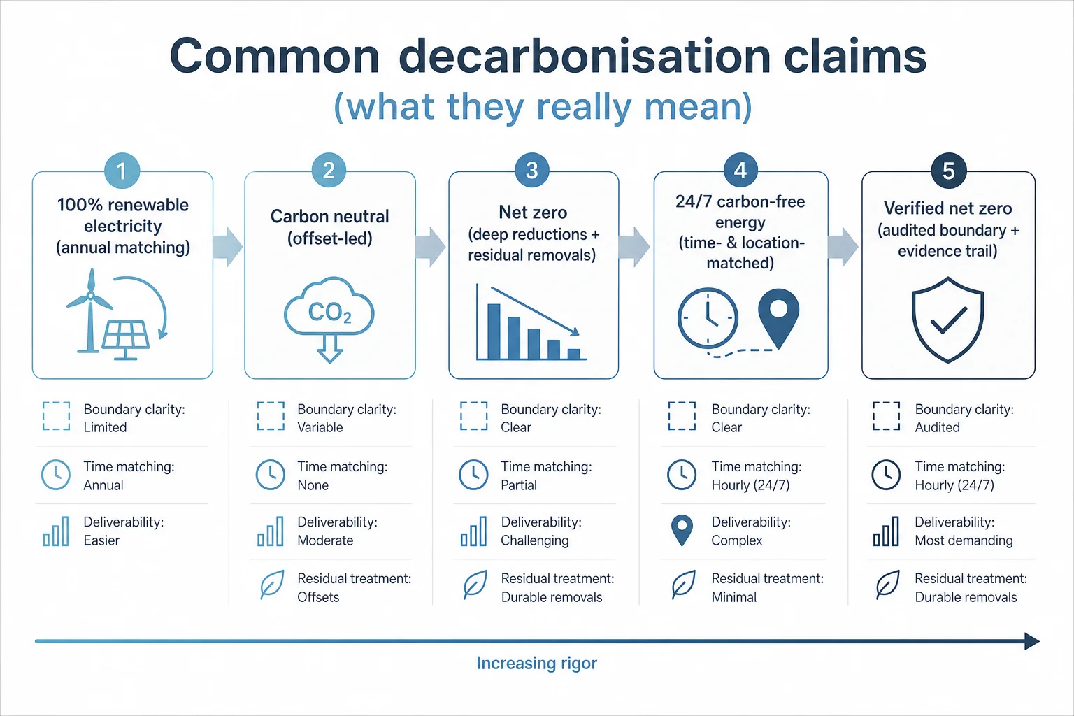 Infographic spectrum comparing 100% renewables, carbon neutral, net zero, 24/7 CFE, and verified net zero claims.