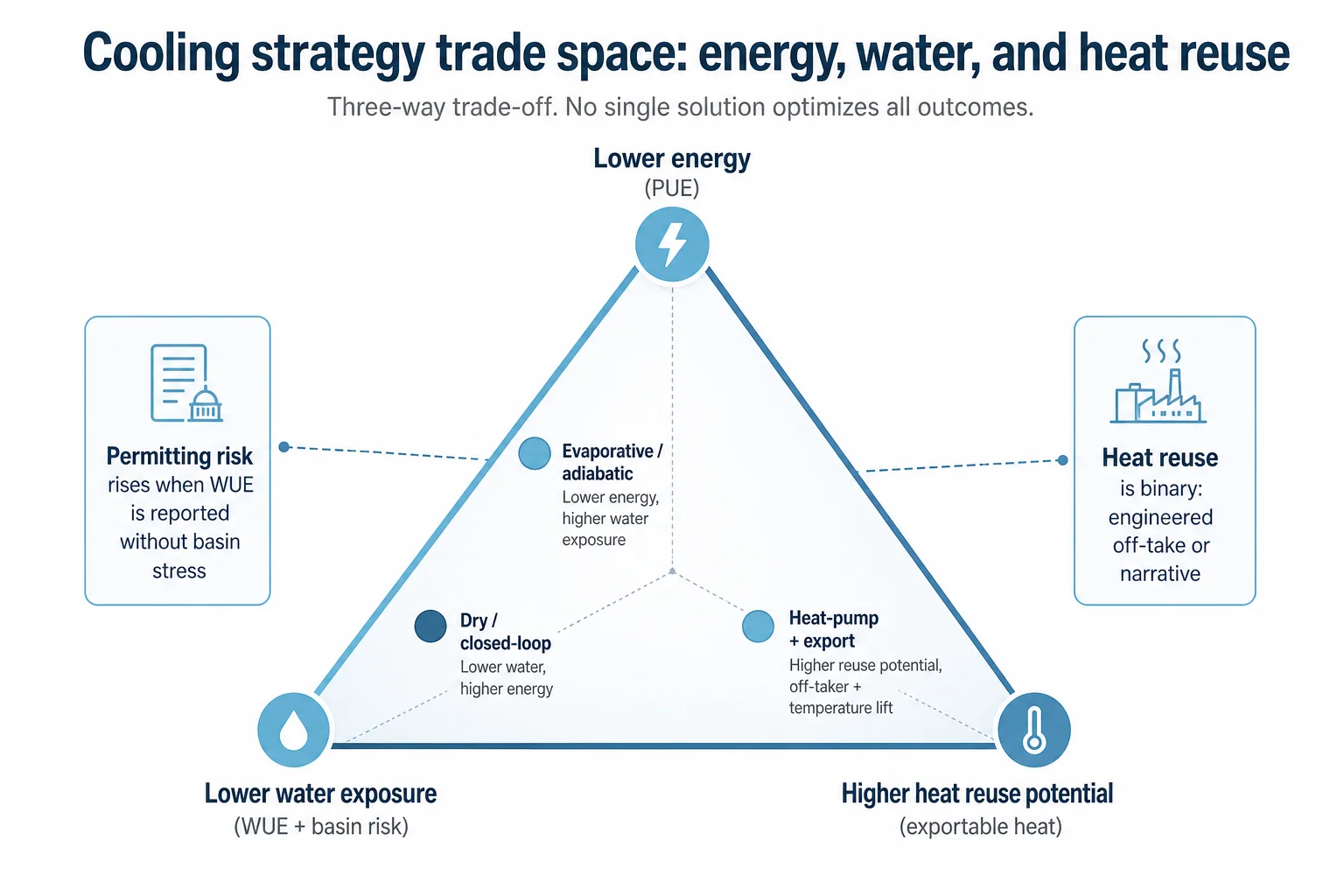 Triangular infographic mapping cooling options against energy use, water exposure, and heat reuse potential for net zero data centers.