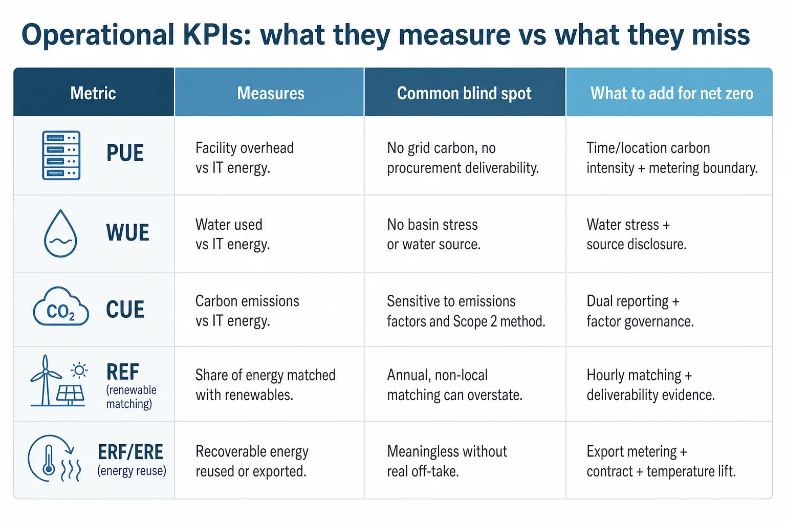 Comparison table of PUE, WUE, CUE, REF and ERF/ERE showing what each metric measures and its blind spots for net zero.