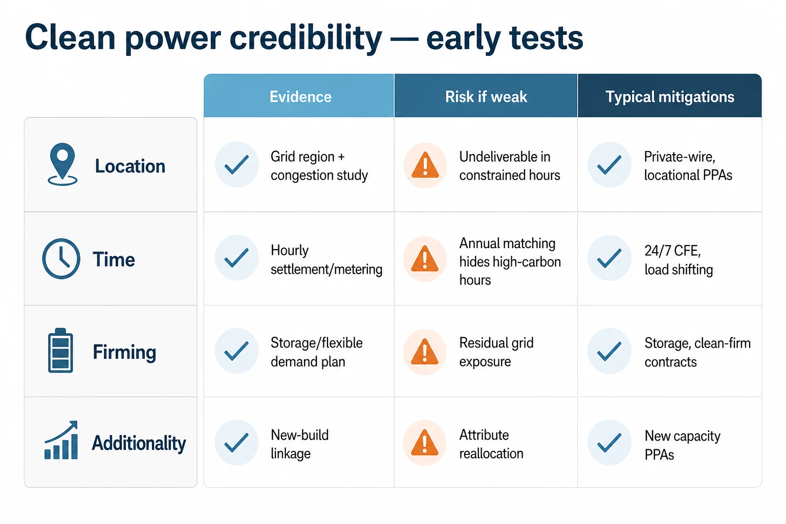 Scorecard listing location, time matching, firming and additionality checks for credible clean power procurement in data centers.