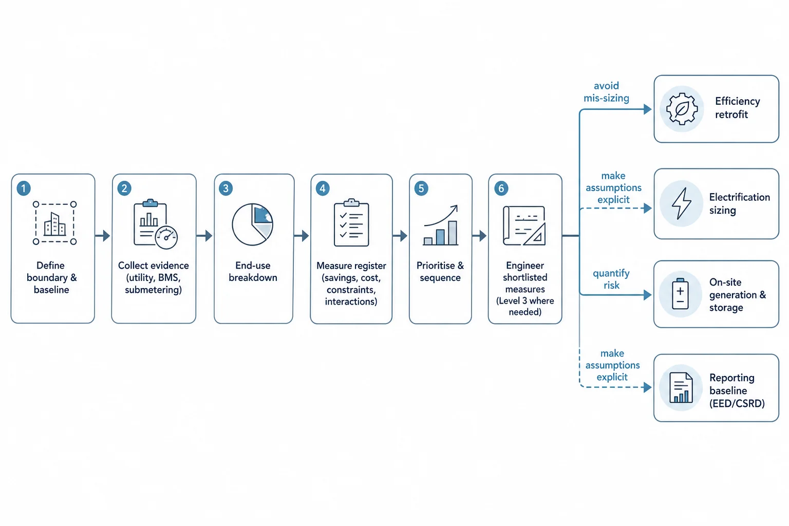Process flow diagram showing audit steps from boundary and baseline through measure register and prioritisation, branching to retrofit, electrification, generation and reporting decisions.