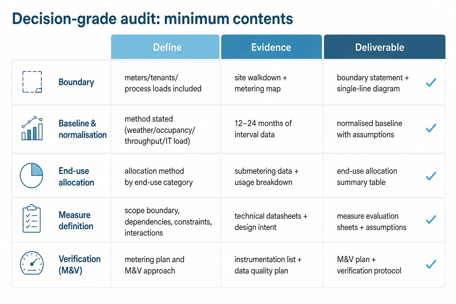 Scorecard checklist of decision-grade audit requirements: boundary, baseline normalisation, end-use allocation, measure definition and M&V plan.
