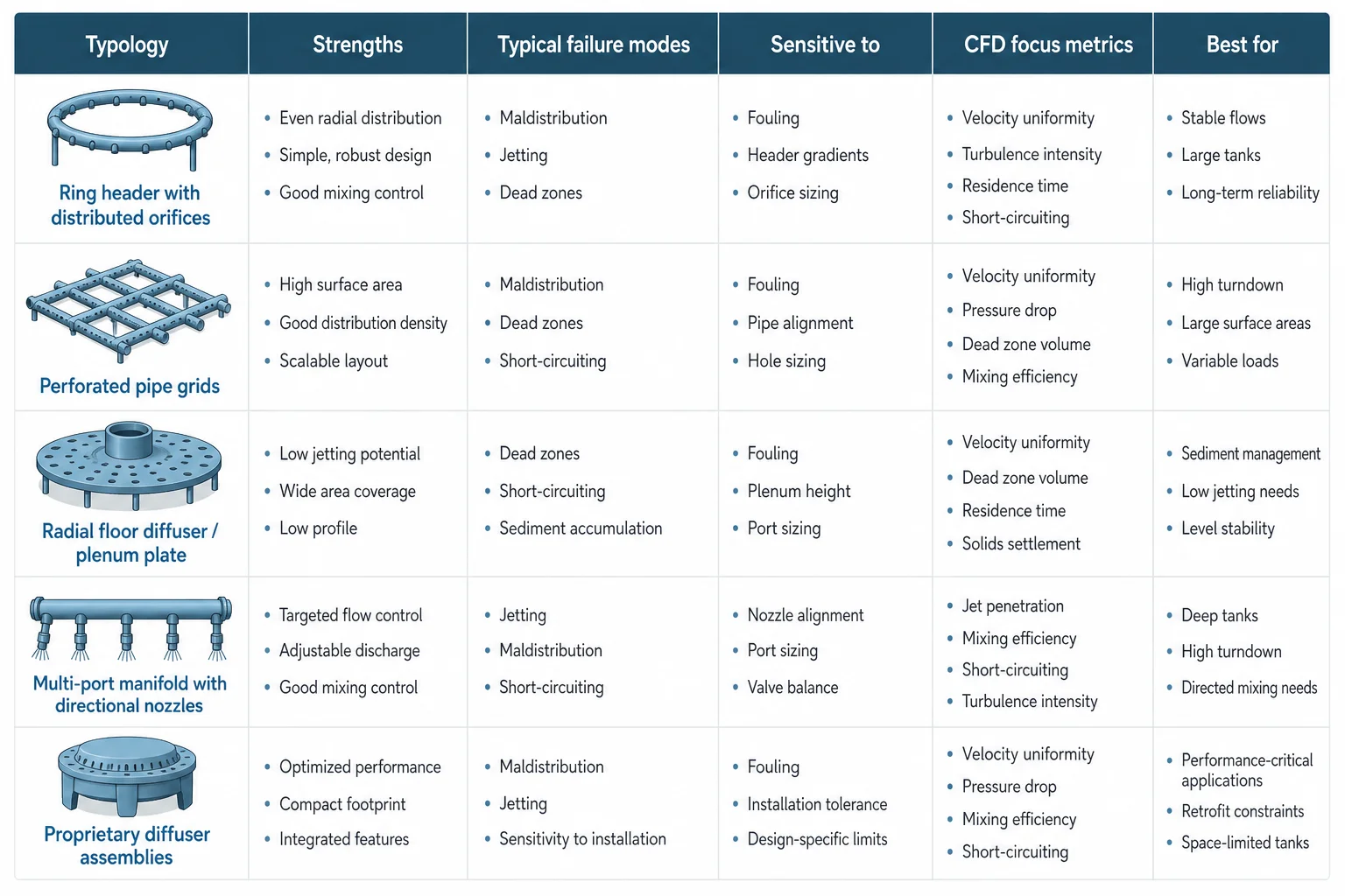 Comparison matrix of chilled-water TES diffuser types with strengths, common failure modes, sensitivities, and CFD focus metrics.