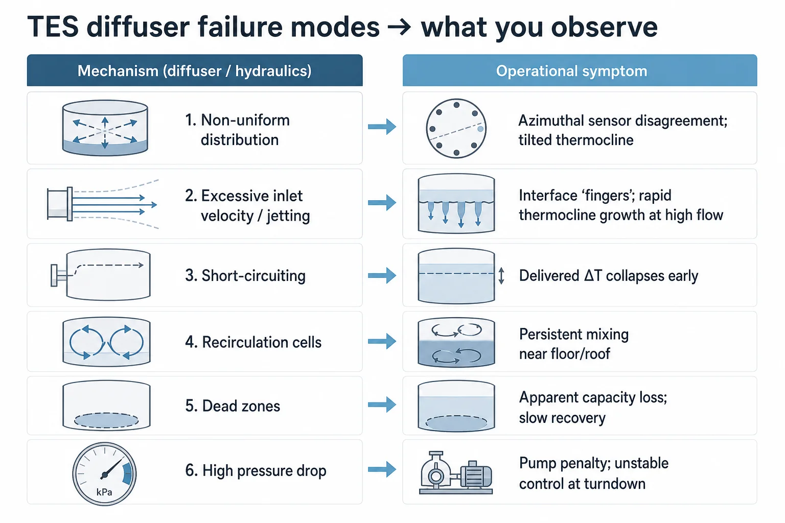 Infographic mapping six TES diffuser failure modes to typical operational symptoms such as tilted thermocline and reduced delivered delta-T.