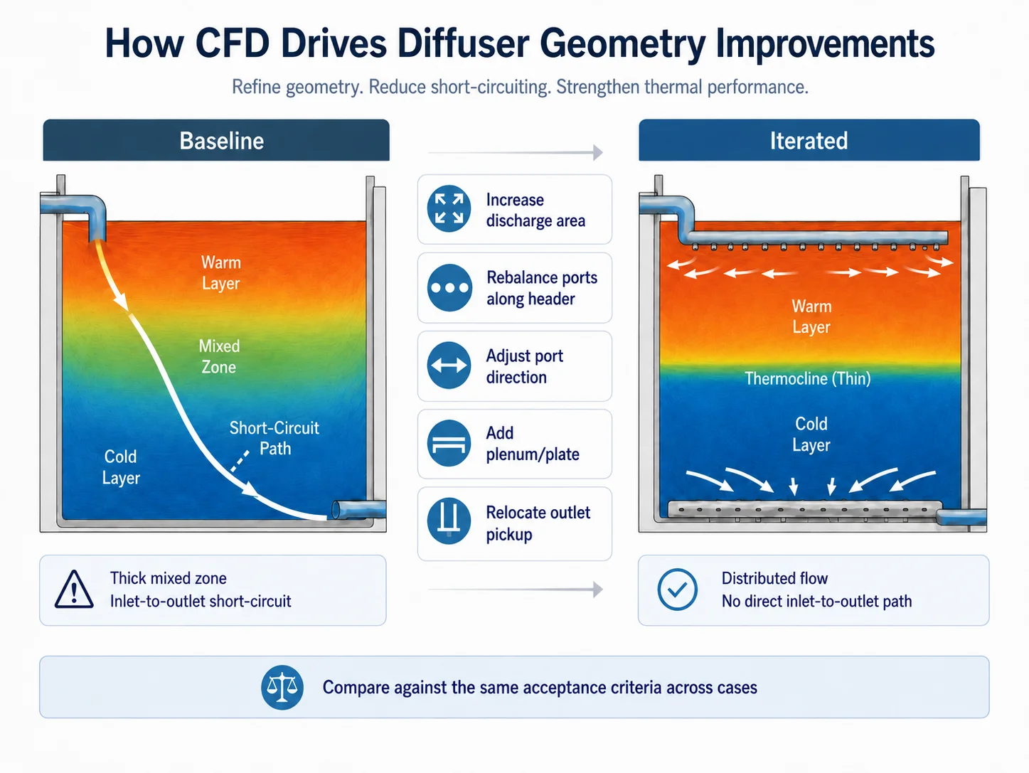 Before-and-after infographic showing a TES diffuser CFD iteration reducing short-circuiting and thermocline thickening through geometry changes.
