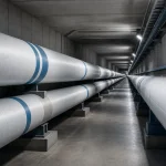 Underground district cooling corridor with large insulated chilled-water pipes receding into the distance.