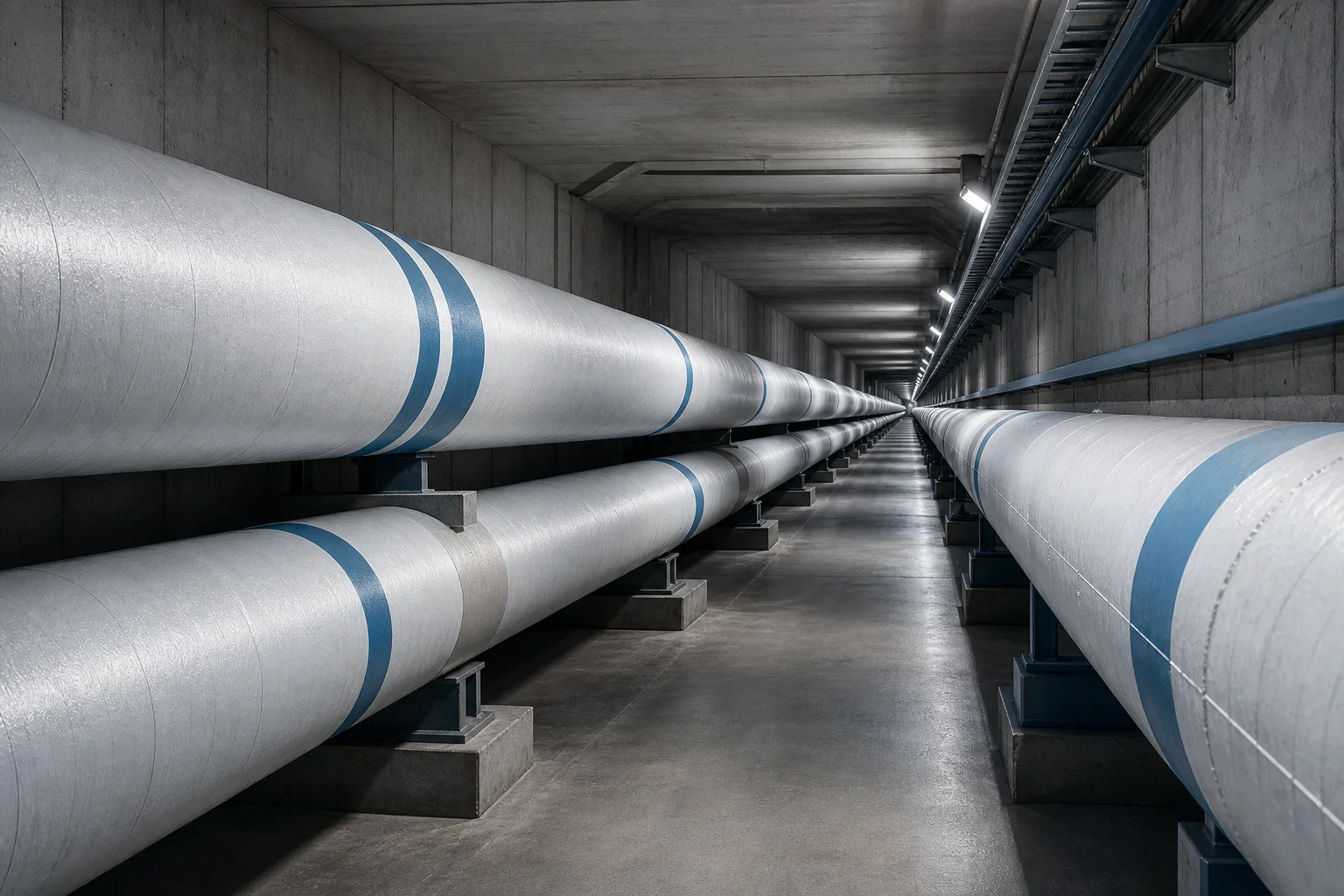 Underground district cooling corridor with large insulated chilled-water pipes receding into the distance.