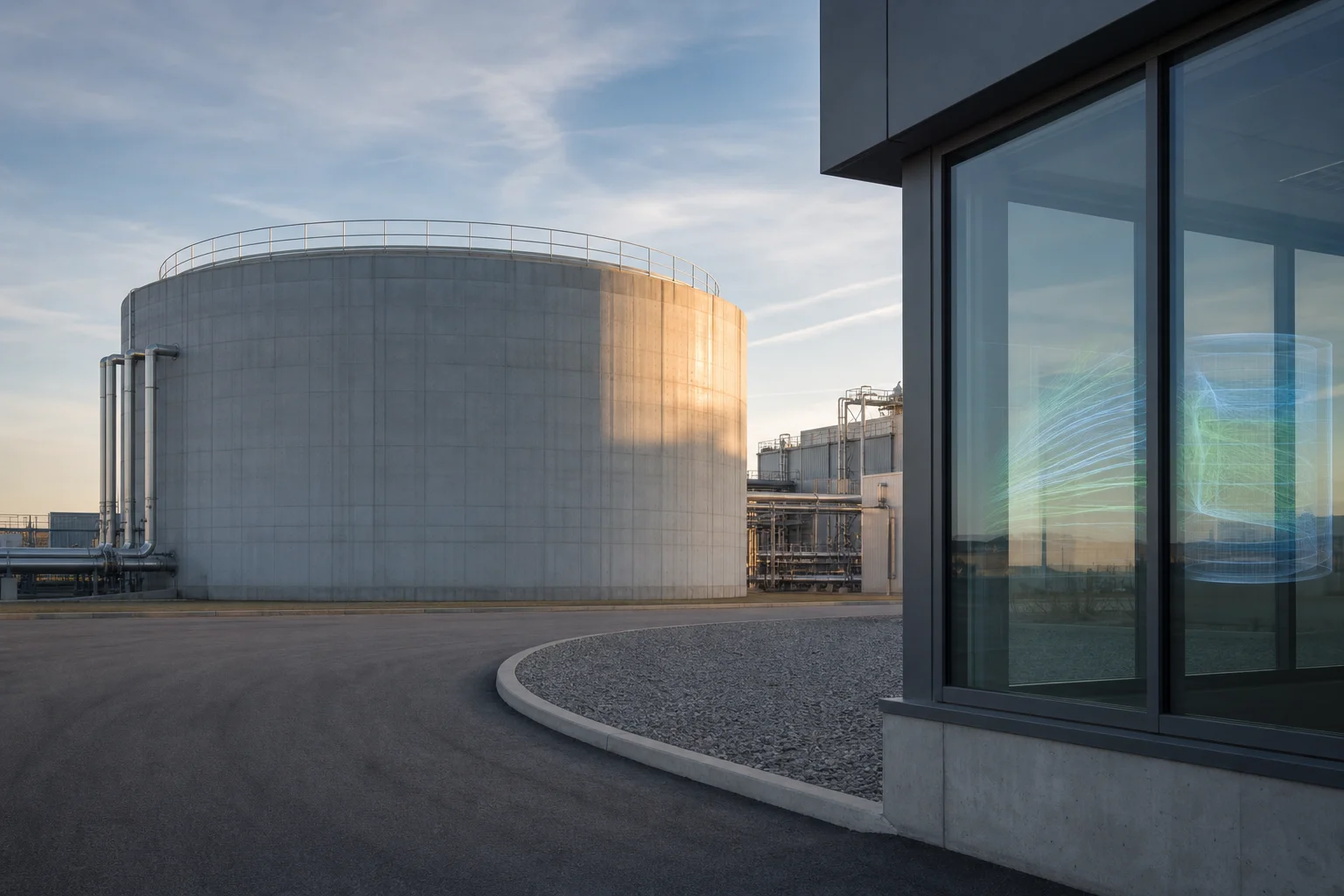 Exterior view of a large chilled-water thermal energy storage tank at a district cooling plant in soft morning light.
