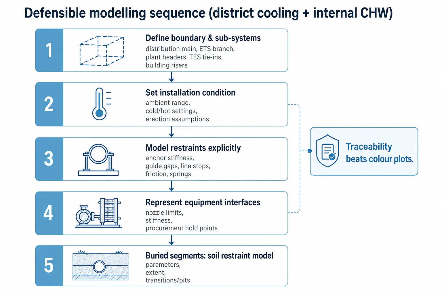 Flowchart showing a five-step modelling sequence for chilled-water piping stress analysis, from boundaries to restraint and soil models.