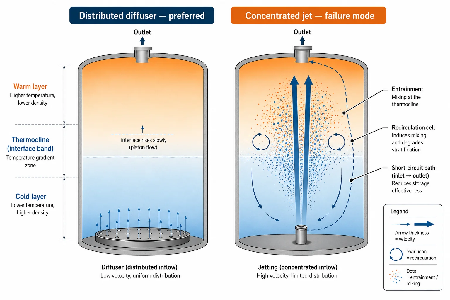Diagram of a stratified chilled-water TES tank showing thermocline, diffuser momentum, entrainment, and jet-driven mixing paths.