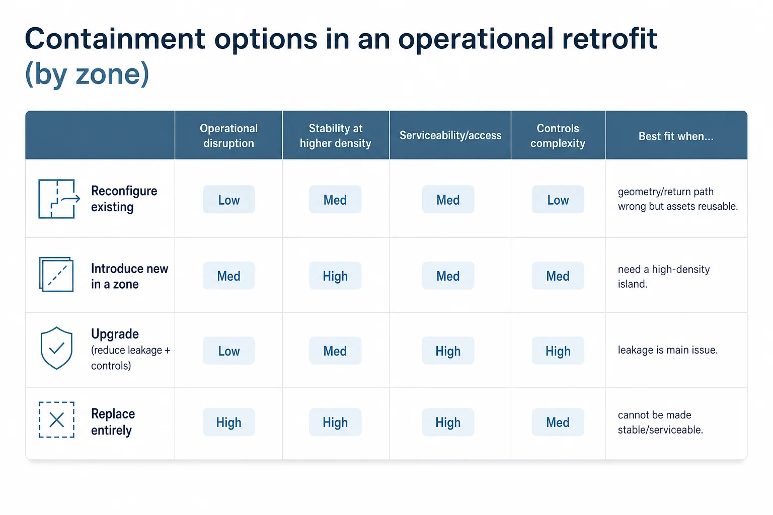 Matrix comparing containment retrofit options—reconfigure, add by zone, upgrade, or replace—across disruption, stability, serviceability, and controls complexity.