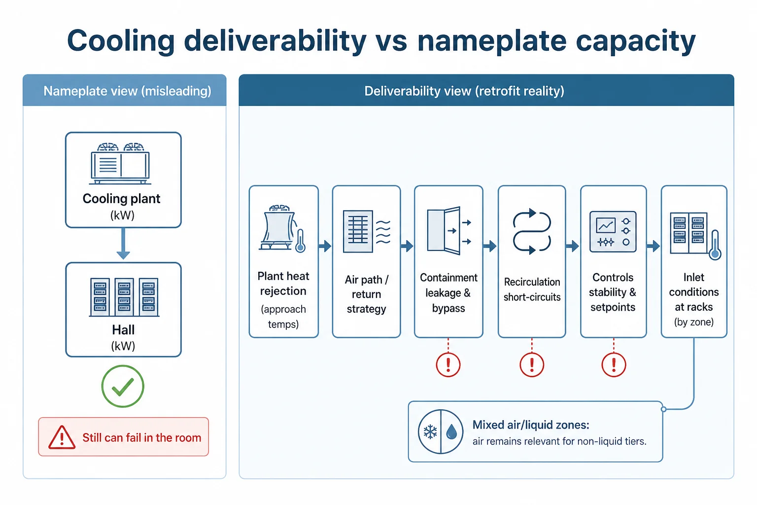 Two-panel diagram contrasting nameplate cooling capacity with a deliverability chain including air path, leakage, recirculation, and controls.