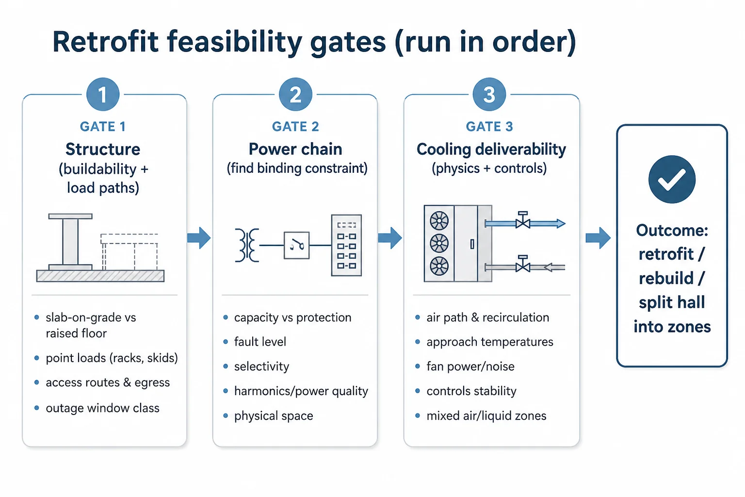 Flow diagram of retrofit feasibility gates in sequence: structure, power chain, then cooling deliverability leading to retrofit, rebuild, or split.
