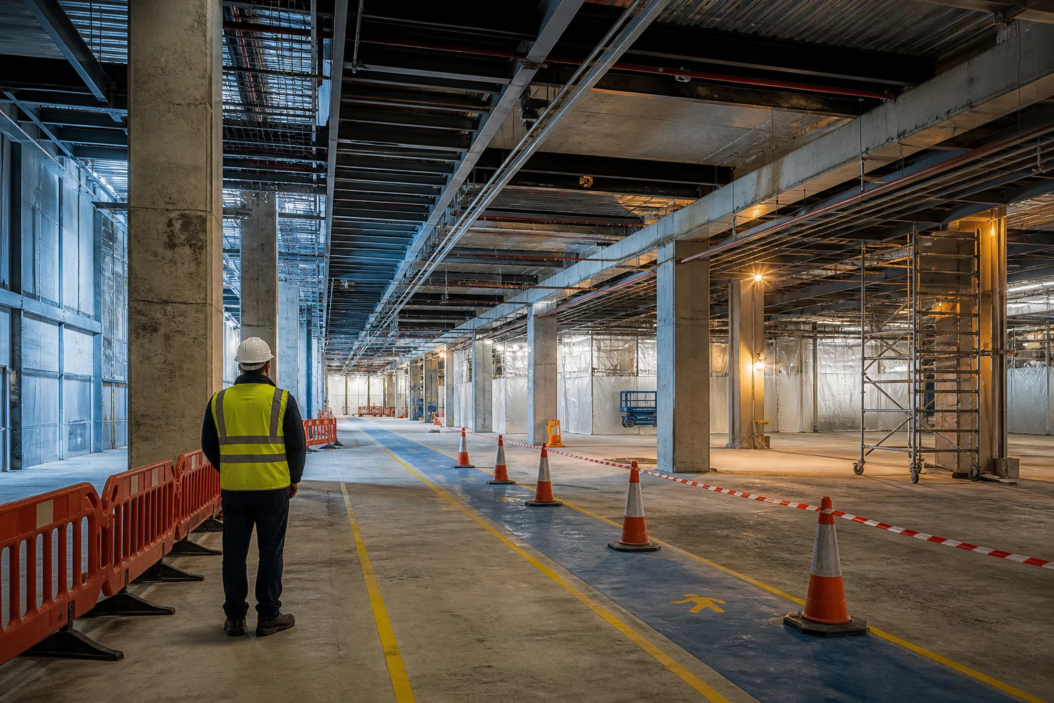 Operational data hall with temporary partitioning and staged materials, showing a live-zone and work-zone boundary during a data center retrofit.