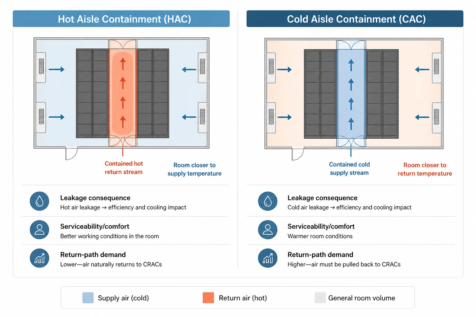 Two-panel infographic showing how HAC keeps the room near supply temperature while CAC leaves the room as the warm return volume.