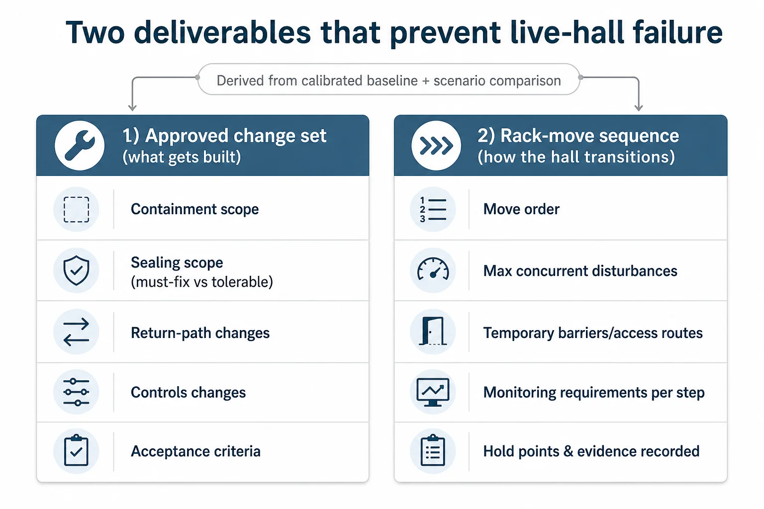 Infographic contrasting the approved change set and the rack-move sequence as separate deliverables for a hot aisle containment retrofit in a live hall.