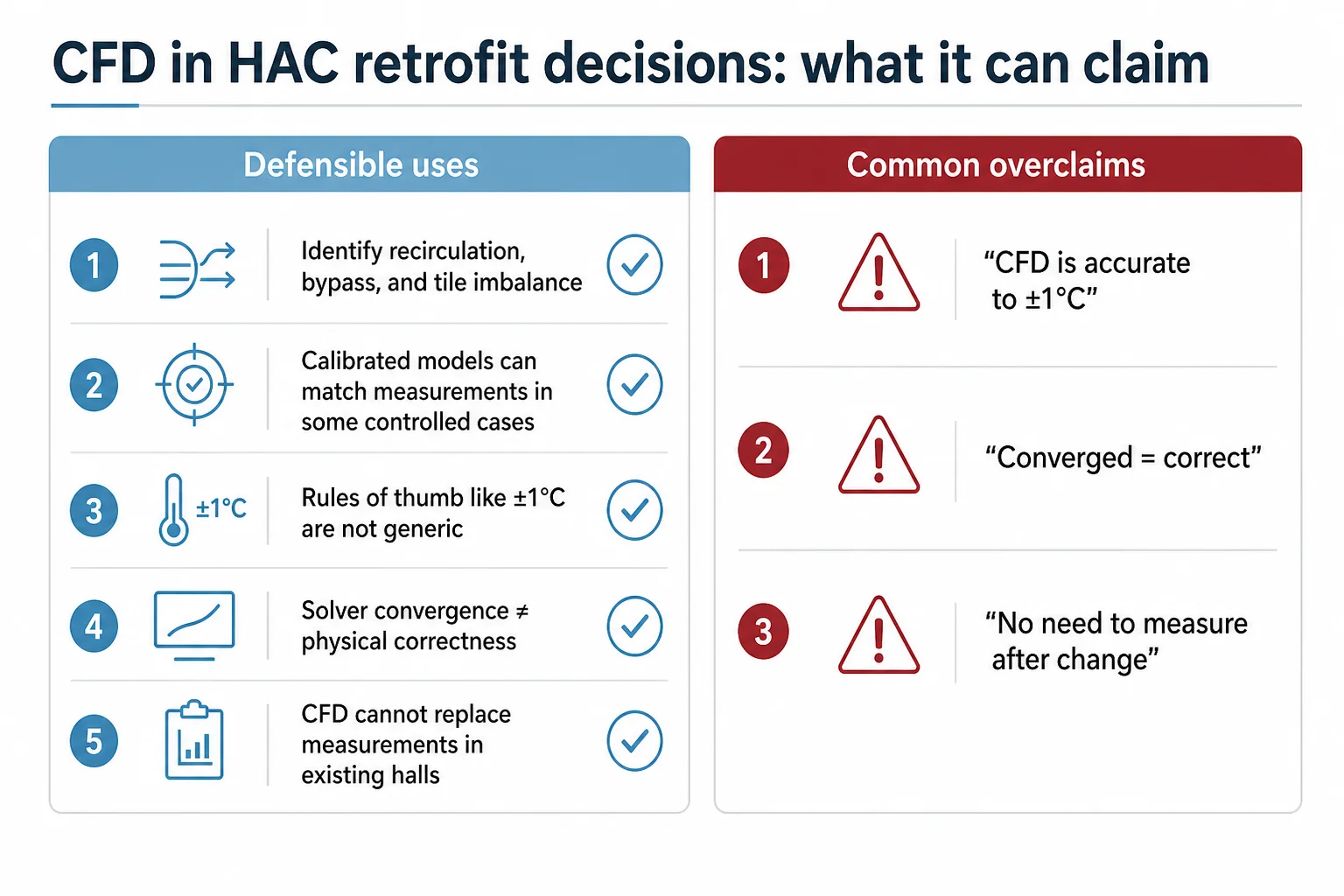 Infographic listing defensible CFD uses and common overclaims when using modelling to justify a hot aisle containment retrofit.