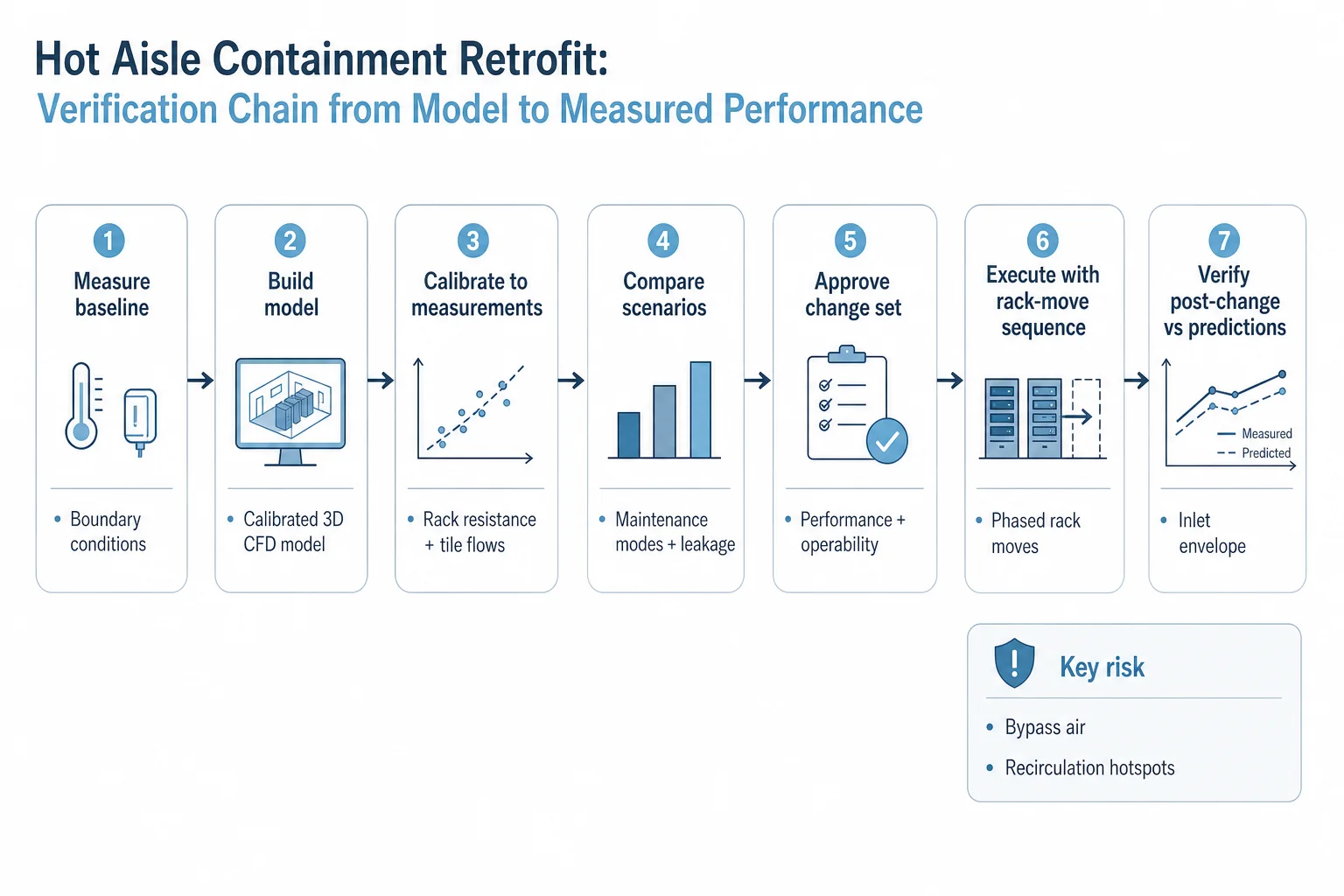 Infographic showing the seven-step evidence chain for a hot aisle containment retrofit from baseline measurement to post-change verification.