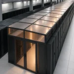 Binnenaanzicht van een datacentrum met een achteraf aangebrachte afscherming van de warme gang en een afgeschermde afvoerzone voor warme lucht, in contrast met de koelere koude gangen.