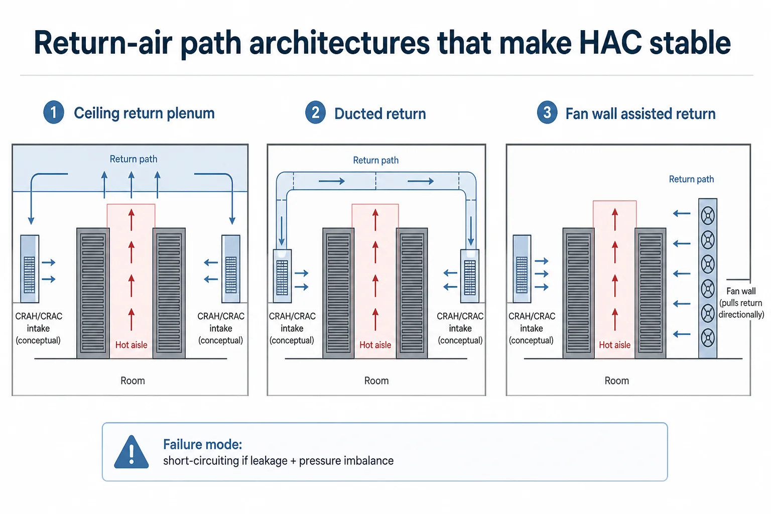 Diagram comparing ceiling plenum, ducted return, and fan-wall-assisted return paths used to carry hot-aisle exhaust back to cooling intakes.