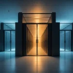 Architectural view of a data hall suggesting contained aisles with contrasting warm and cool air volumes, illustrating hot vs cold aisle containment.