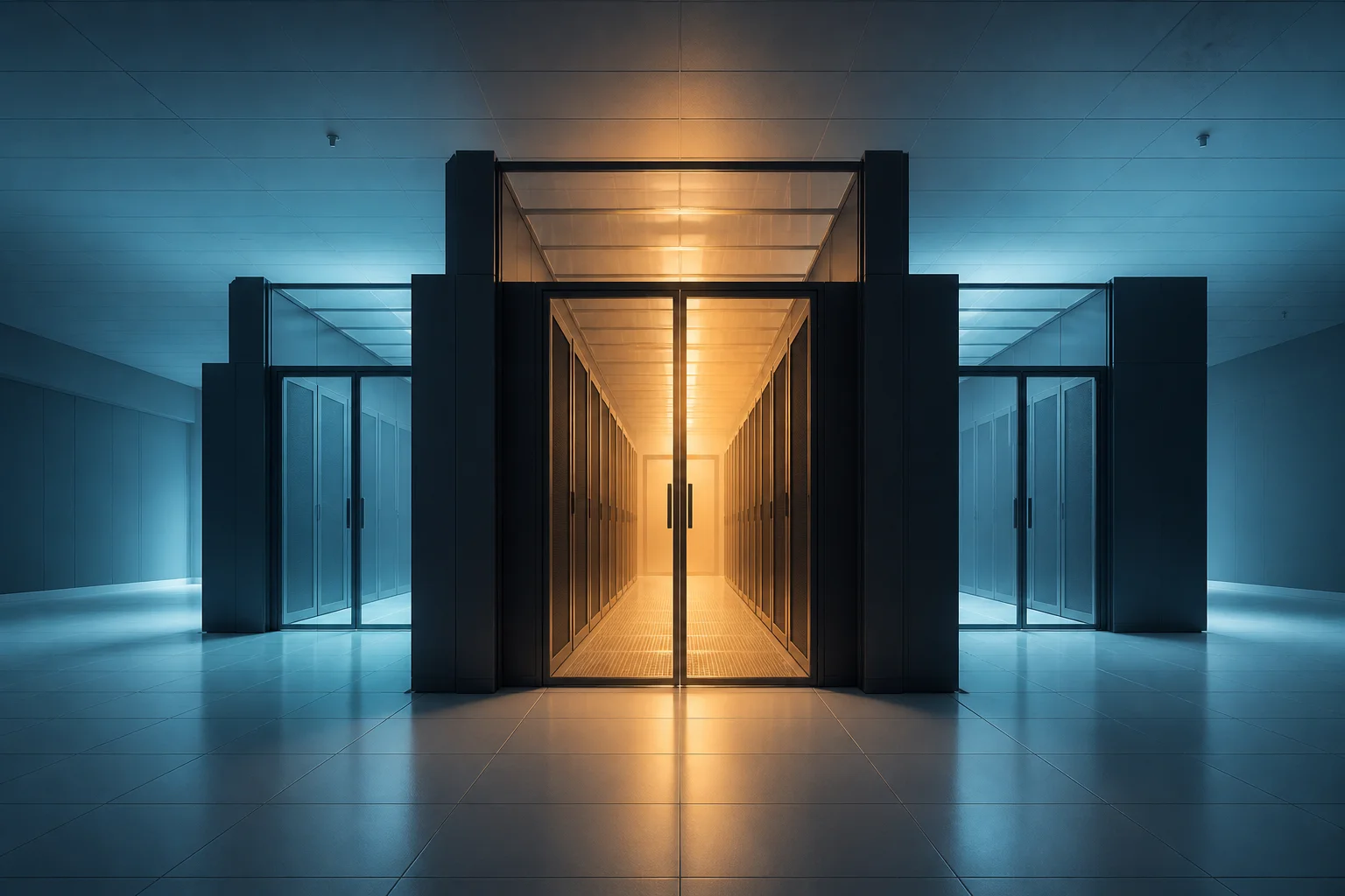 Architectural view of a data hall suggesting contained aisles with contrasting warm and cool air volumes, illustrating hot vs cold aisle containment.