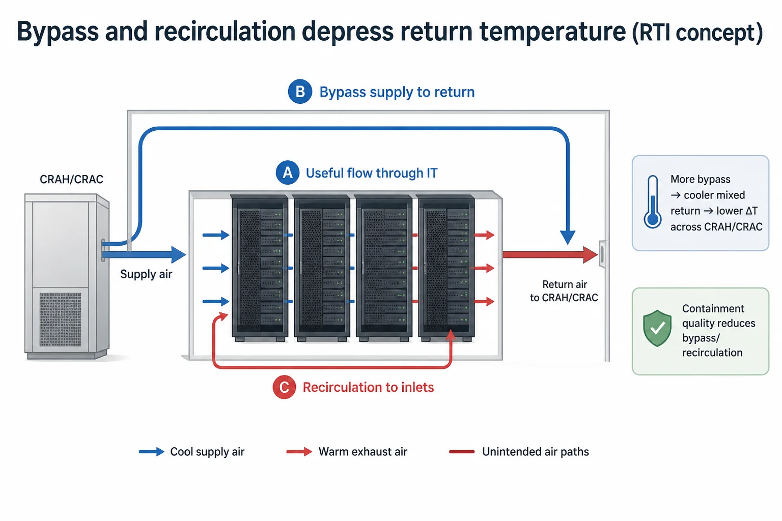 Diagram showing three airflow paths—useful IT flow, bypass supply to return, and recirculation to inlets—and how bypass lowers return temperature.