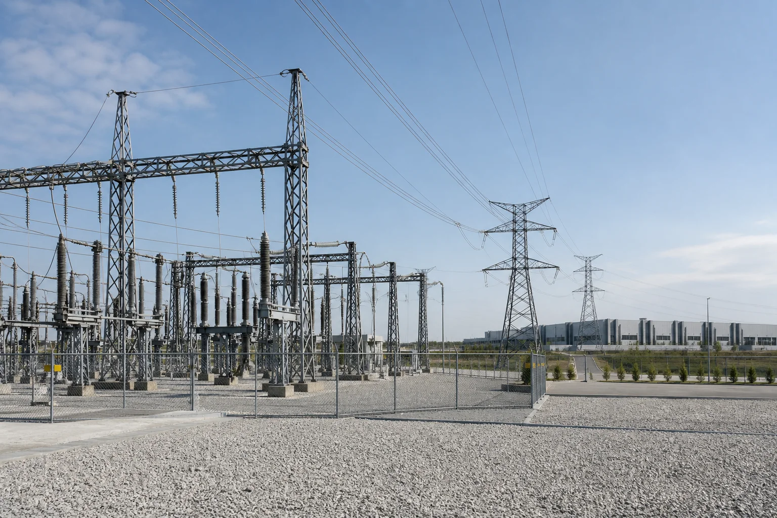 High-voltage substation and transmission lines near an industrial campus, illustrating site-specific data center power grid constraints.